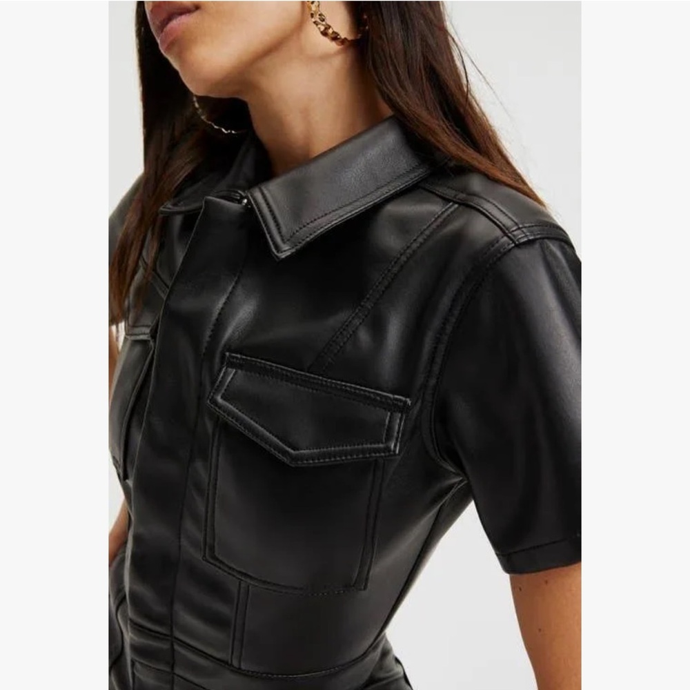 Good American Faux Black Leather Jumpsuit with Modern Edge - Picture 3 of 12